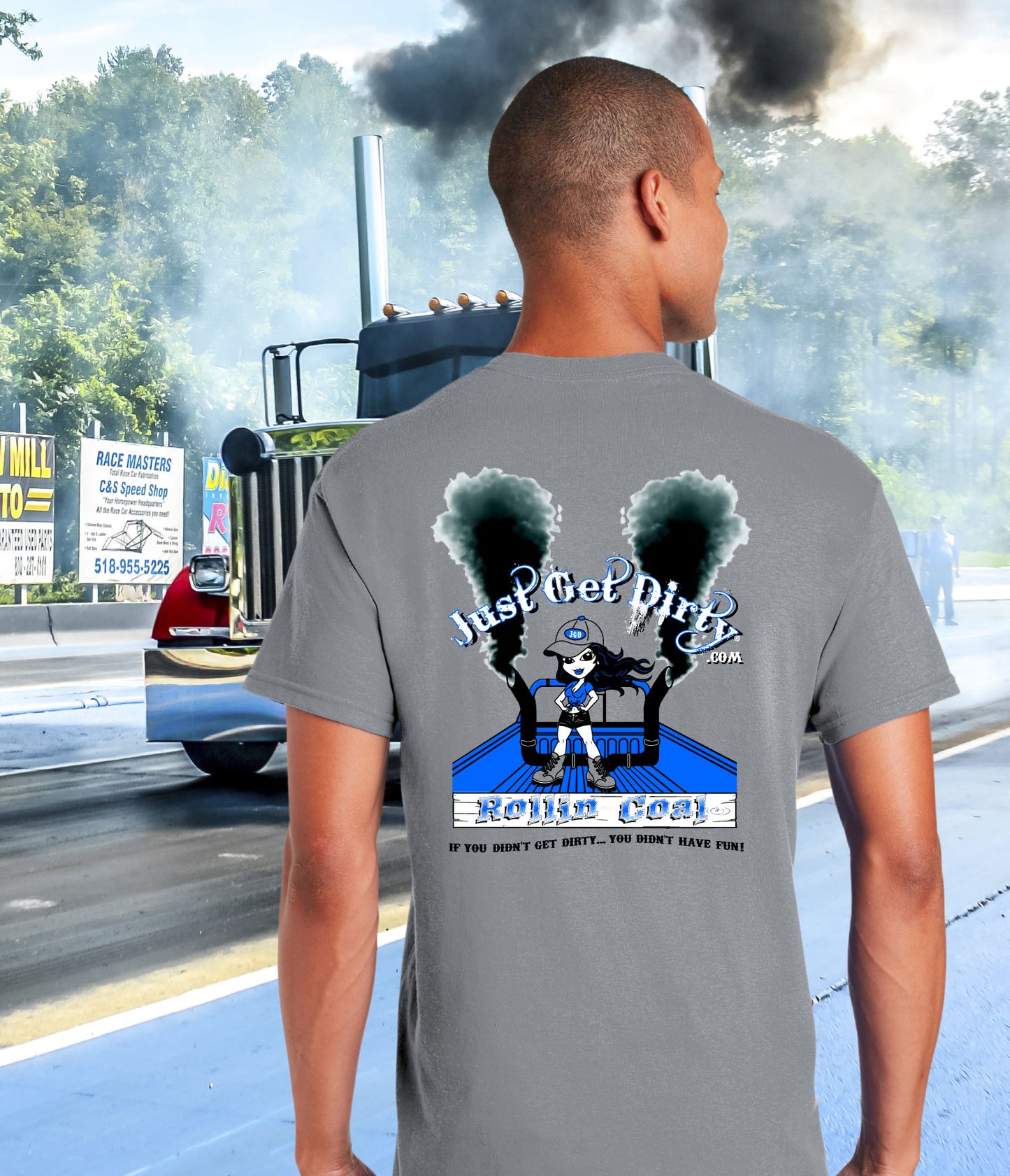 Just Get Dirty Rollin' Coal T-Shirt: Gray, Safety Green
