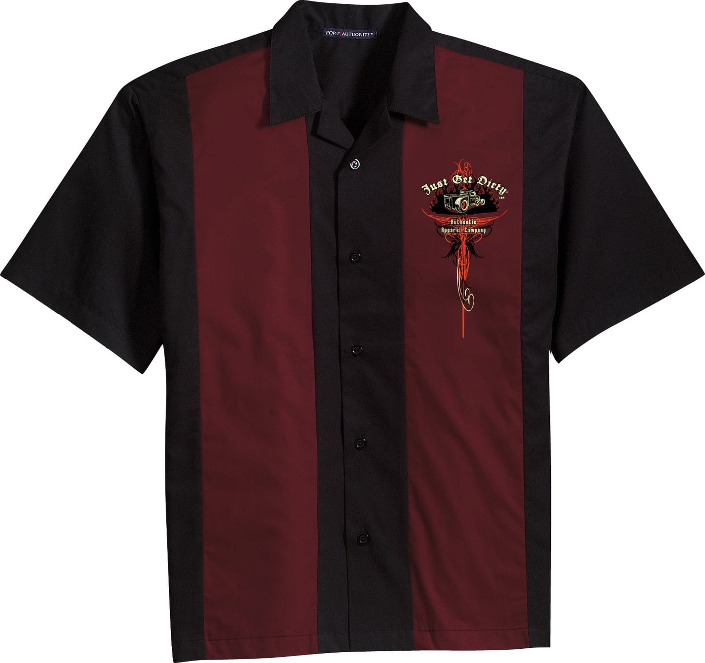 Just Get Dirty Rat Rod Bowling Shirt Black/Burgundy