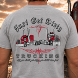 Just Get Dirty Trucking T-Shirts: Gray, Navy, Safety Green