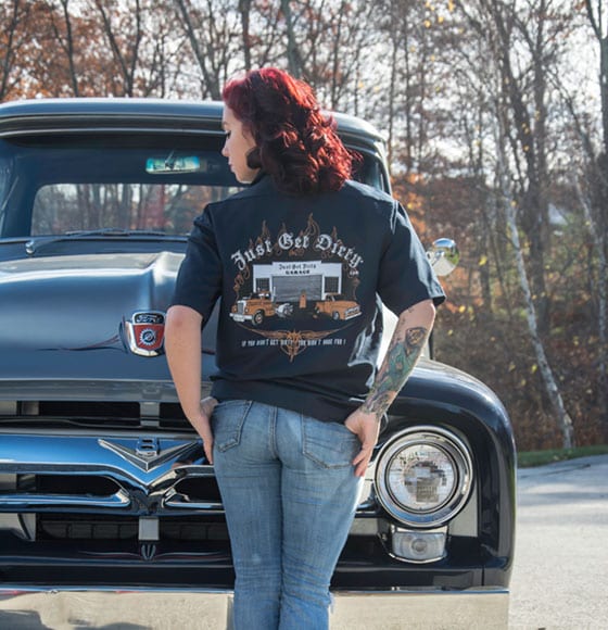 Just Get Dirty garage shirt, Mack truck shirt, F-100 shirt, mechanic shirt, old garage shirt, B-model Mack shirt, F-100 shirt, Ford F-100 shirt, 56 F-100 shirt, antique truck shirt, old school mechanic shirt