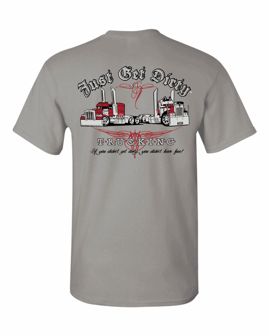 Just Get Dirty Gray Trucking T-shirt Gray, Navy, Safety Green