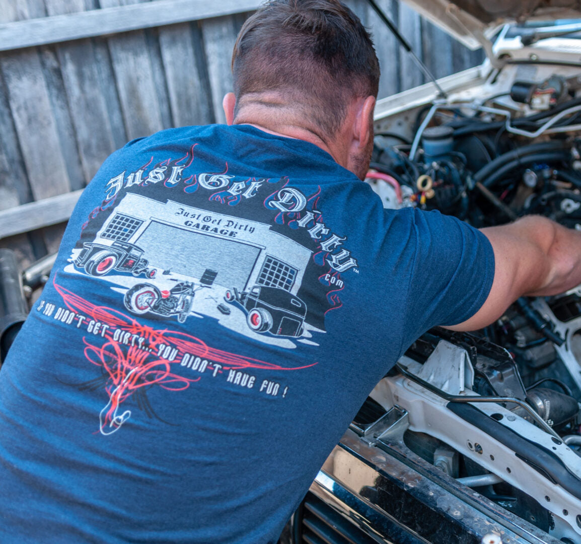 rat rod tee, hot rod tee, just get dirty garage tee