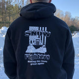 Snow Fighters USA Hoodie: Black, Safety Orange