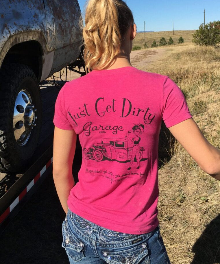 just get dirty garage girl tee, hot rod v-neck, garage girl v neck, womans hot rod tee, just get dirty garage