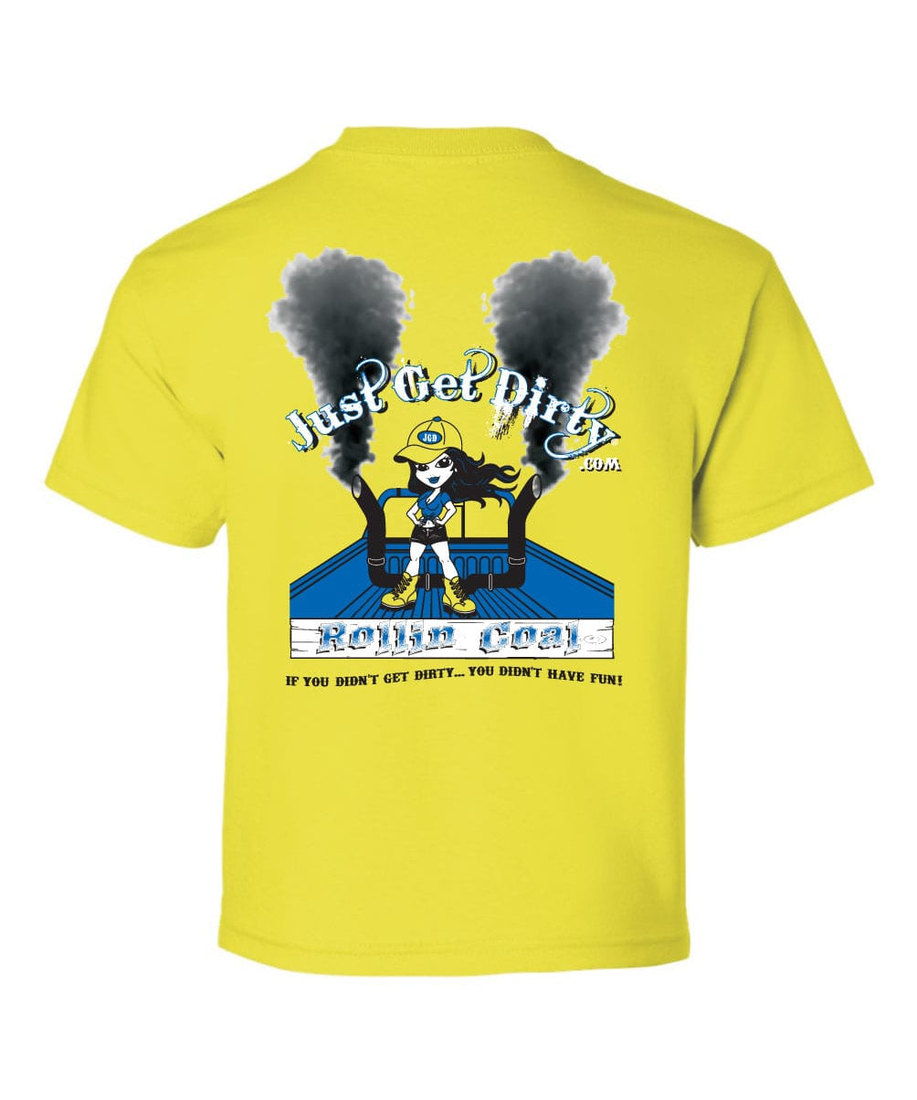 Kids Rollin' Coal Tee Gray/Pink, Safety Green/Blue